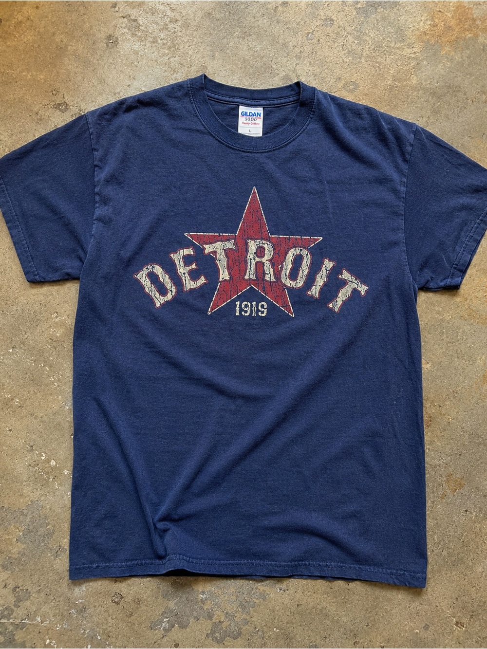 Gildan 5000 Navy Tee with Red Star Detroit Graphic, Y2K, Streetwear Size L